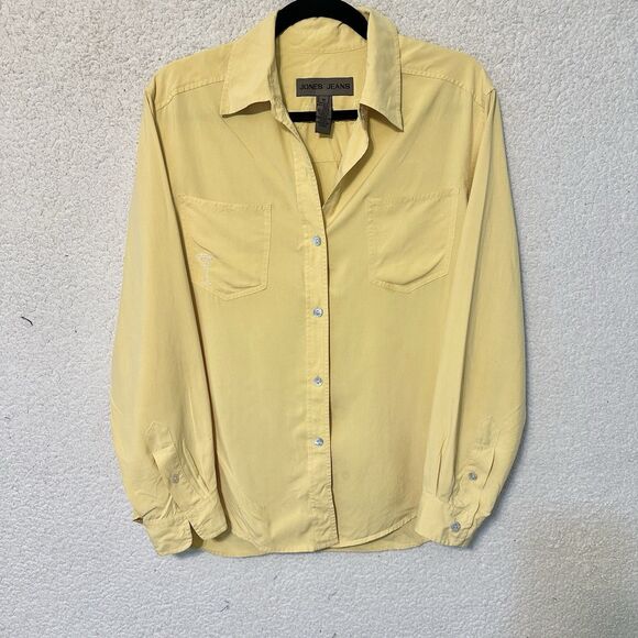Jones Jeans Button Down Blouse‎ 100%  Silk Yellow M "Cheers" Embroidered - Picture 7 of 10